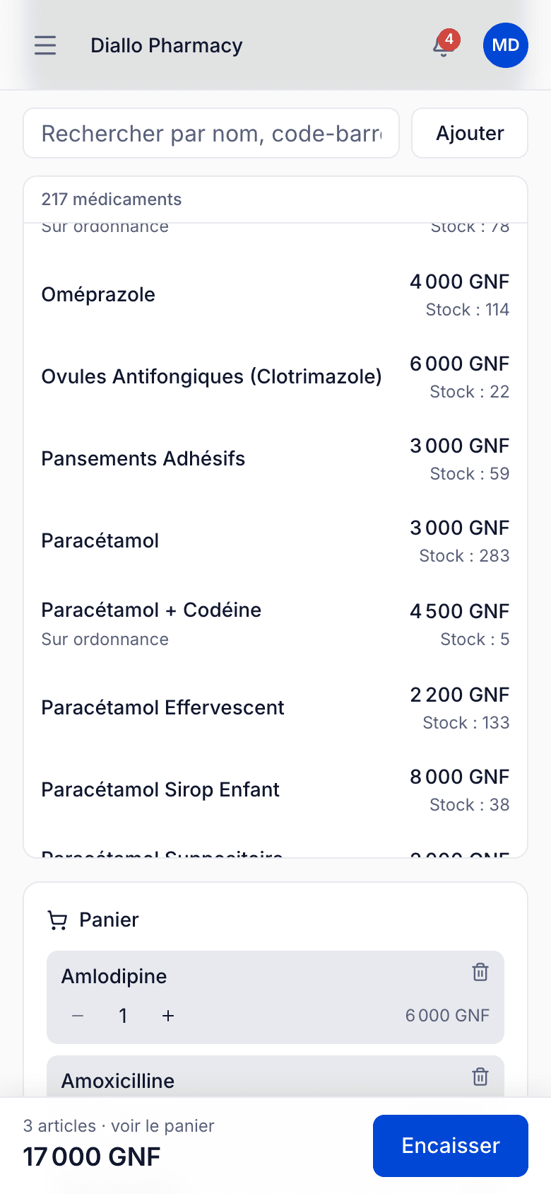 Vente rapide sur téléphone avec le total du panier et le bouton Encaisser
